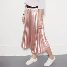 Новинка весны женские металлический блеск яркая вспышка до середины икры плиссированные Юбки для женщин женские летние модные однотонные эластичный пояс юбки