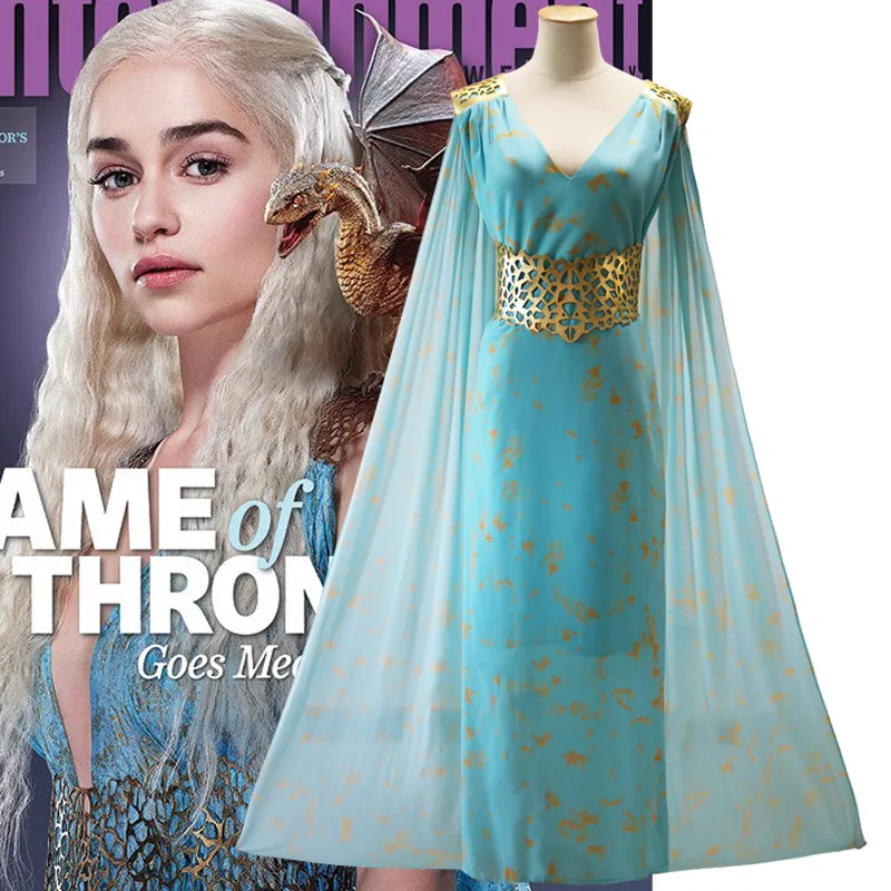 

Game of thrones daenerys targaryen costume blue cosplay dress fantasia dragon wig halloween costumes for women dress plus size