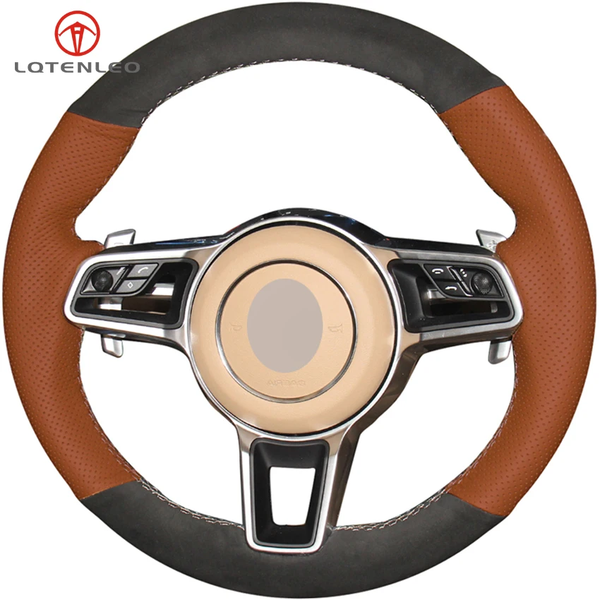 

LQTENLEO Black Suede Brown Leather Steering Wheel Cover For Porsche Macan Panamera 2013-2019 Cayenne 2015-2019 718 911 2015-2019
