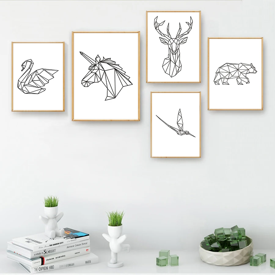 5 - Geometric Animal Canvas Painting Wall Art Picture for Living Room Decorative Posters Modern Minimalist Black and White Pictures