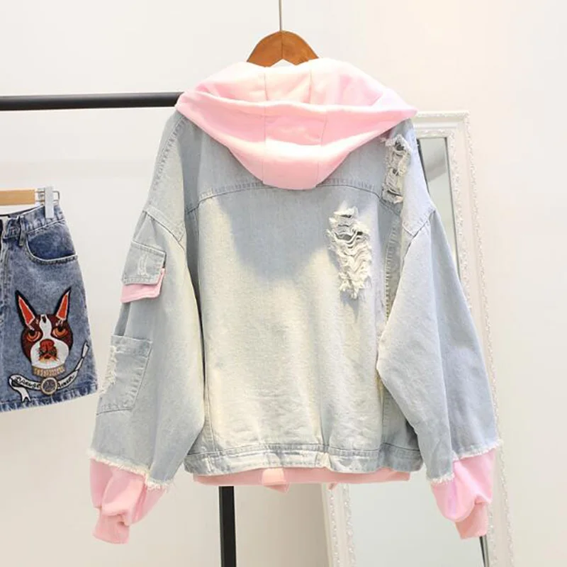 amazing  2020 Spring Hooded Denim Jacket For Women Casual BF Jeans Jacket Holes Vintage Harajuku Coat Female