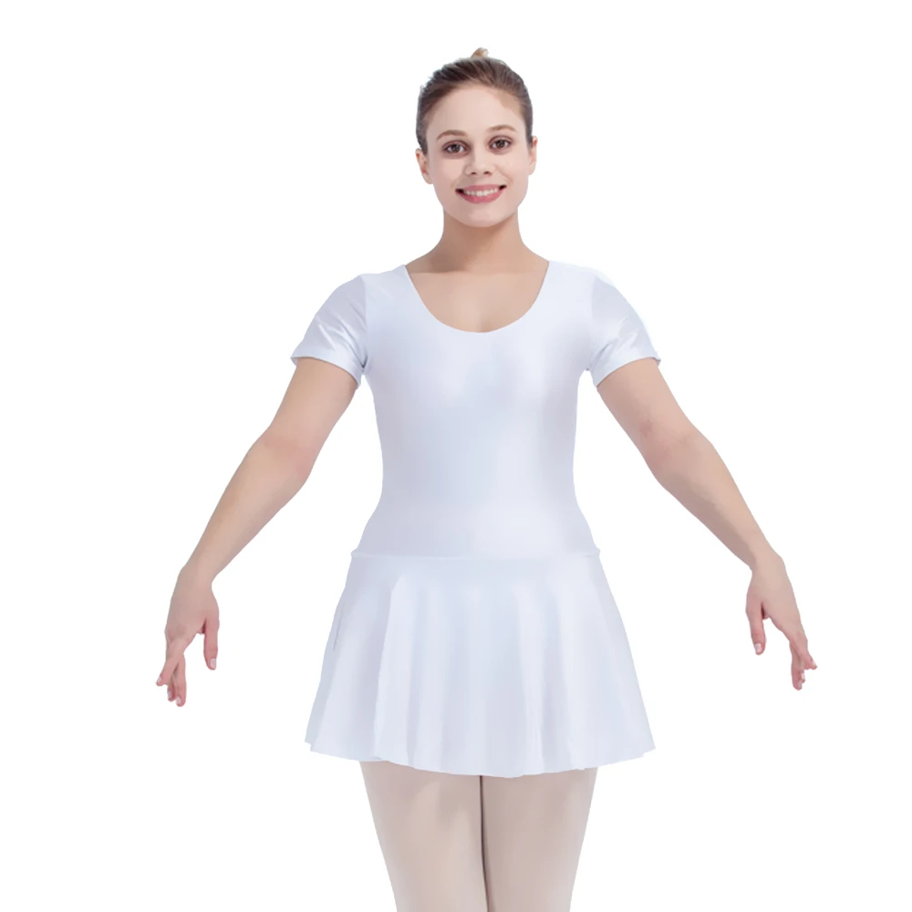 Белый нейлон/лайкра короткий рукав балетное танцевальное трико платье Девушки танцевальная одежда дамы представление костюм