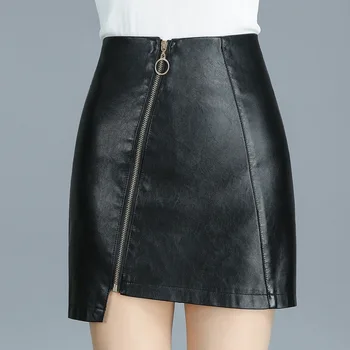 

Irregular style wind bag hip skin skirt female autumn new women's high waist PU leather skirts zipper decoration black red mini