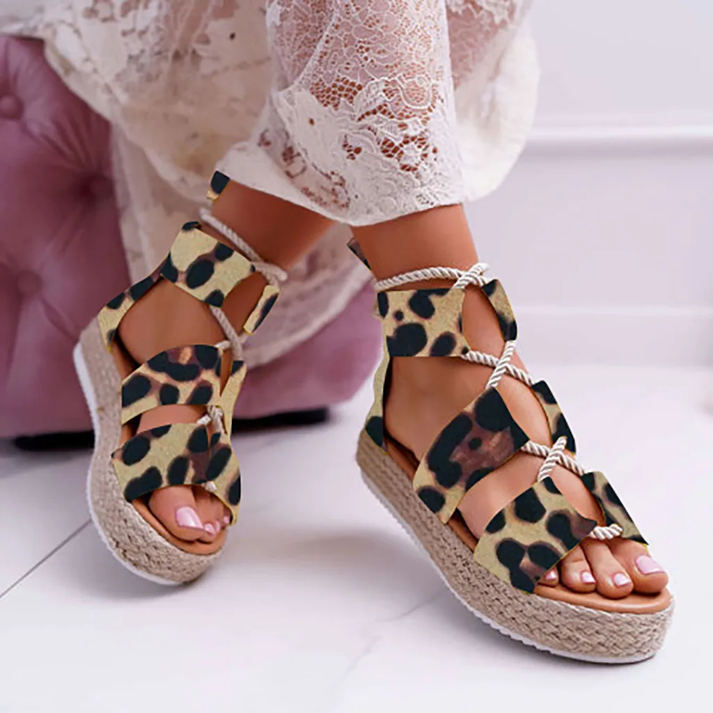 

SAGACE Women's Fashion Open Toe Leopard Chaussures Femme High Quality Flock Print Thick Bottom Lace-Up Shoes Roman Sandas J3