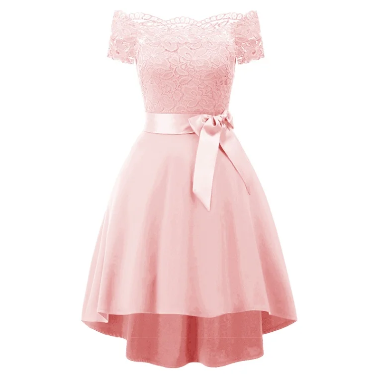 Элегантное женское платье трапециевидной формы с открытыми плечами, с вырезом лодочкой, платье с цветочным кружевом, с поясом на талии, с коротким рукавом, Необычные Сексуальные Платья для вечеринок - Цвет: Розовый