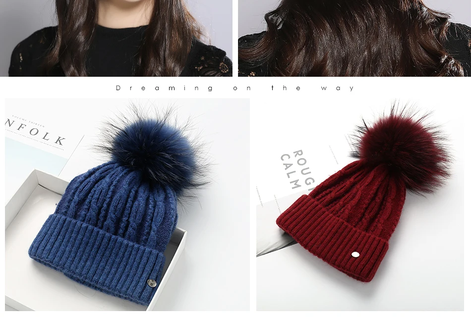 Woman Winter Hats Wool Skullies Beanie Raccoon Fur Pom Pom Stripe Knitted Hat Female Autumn Skullies Beanies  (20)