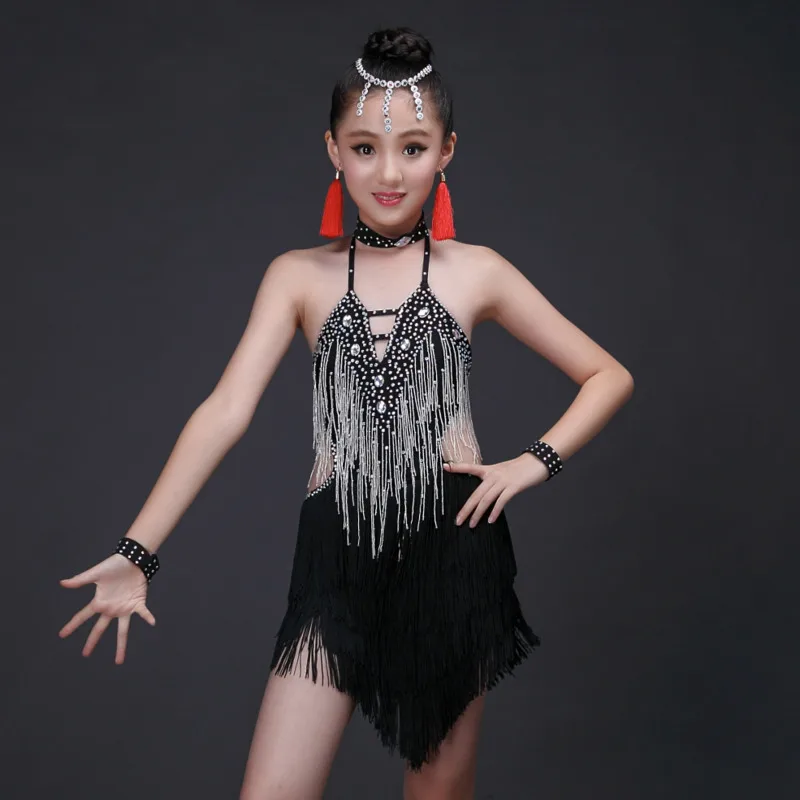 sequin tassel child kid children professional latin dance dress for