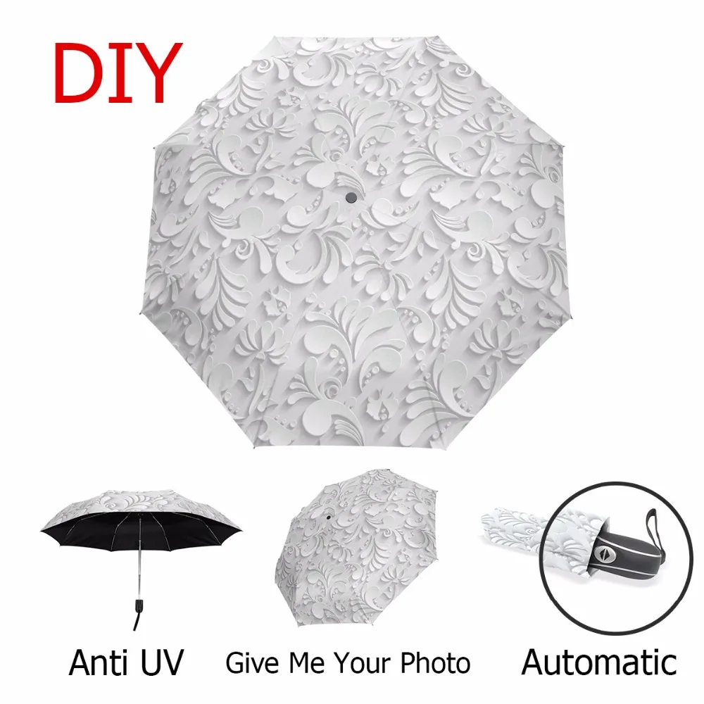 Full Automatic 3D Floral Guarda Chuva White Sun Protection Three Folding Umbrella Rain Women Anti UV Outdoor Travel Sombrinha folding umbrella,automatic umbrella,sun umbrella