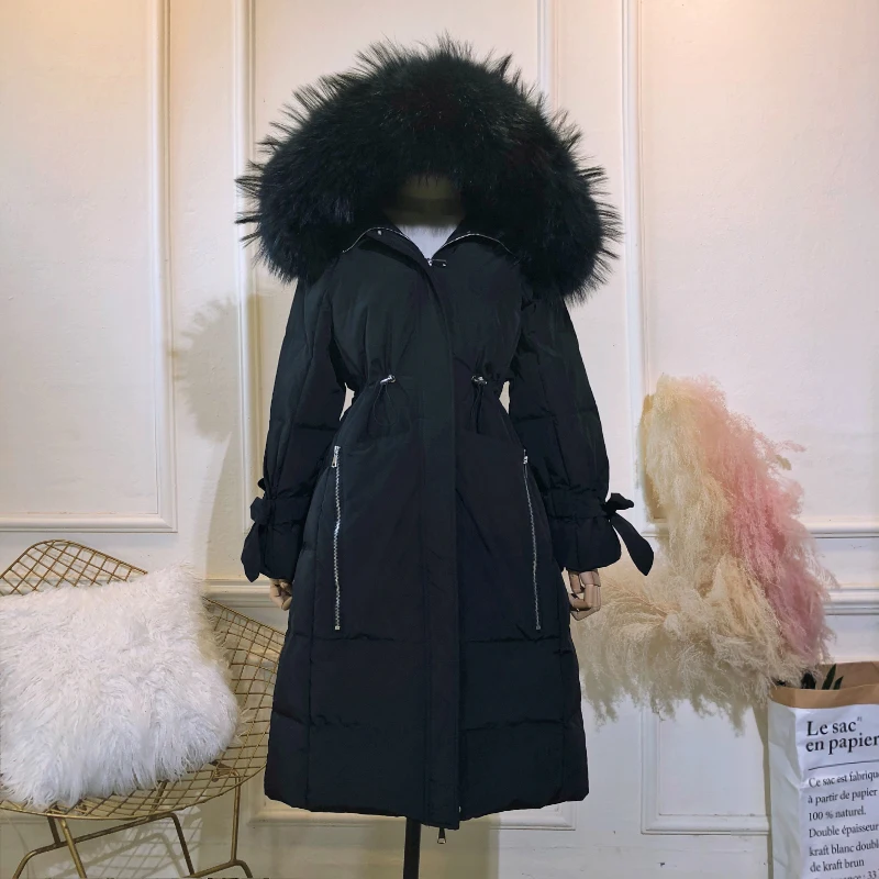 Зимнее пальто с воротником из натурального меха енота, толстая пуховая парка для женщин, Длинная зимняя куртка на утином пуху, Женское пальто с капюшоном