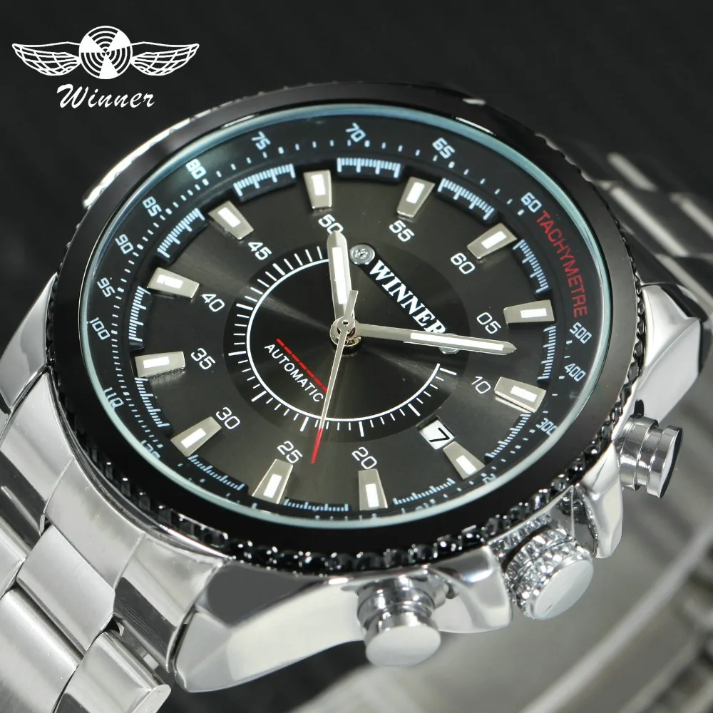 Achat 2018 VAINQUEUR Hommes Automatique Montre Mécanique Argent Acier Inoxydable Bracelet Lumineux Mains Homme Montre Bracelet avec Calendrier Jour