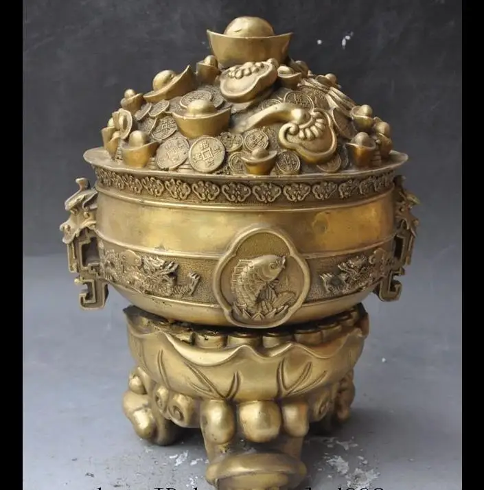 

671115375++++chinese brass Fish Dragon wealth Lucky yuanbao money ruyi Golden bowl Art statue