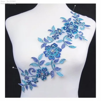 

Free Shipping 2pcs/lot x New Handmade Blue/Silver Sequined Beaded Flower Lace Applique Trim Patch Dance Dress Decorating PBNC92A
