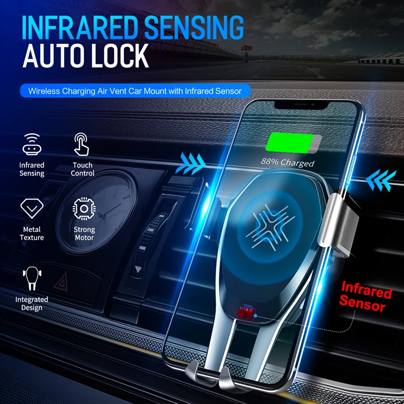 ROCK Intelligent Infrared Sensor Car Wireless Charger Metal Phone Holder for iPhone XS XR Fast QI For Samsung |