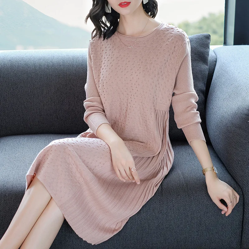 

2019 New Spring Autumn Solid Wool Dress Fashion Hollow Out Long Knit Dress O-Neck Long Sleeve Underdress A-line