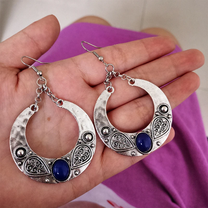 2 Pcs/Set Bohemian Retro Fashion Carved Opal Round Moon Gem Silver Color Pendant Earrings Personality Party Gift | Украшения и
