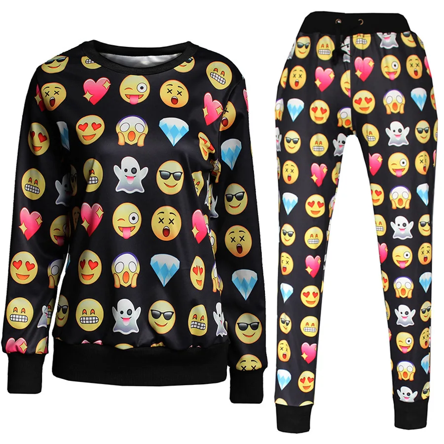 

Hot Sale New Broadcloth No O-neck Full 2019 Brand Emoji Sweatshirt And Trousers 3d Pants Women Clothes Sudaderas Mujer Xq903