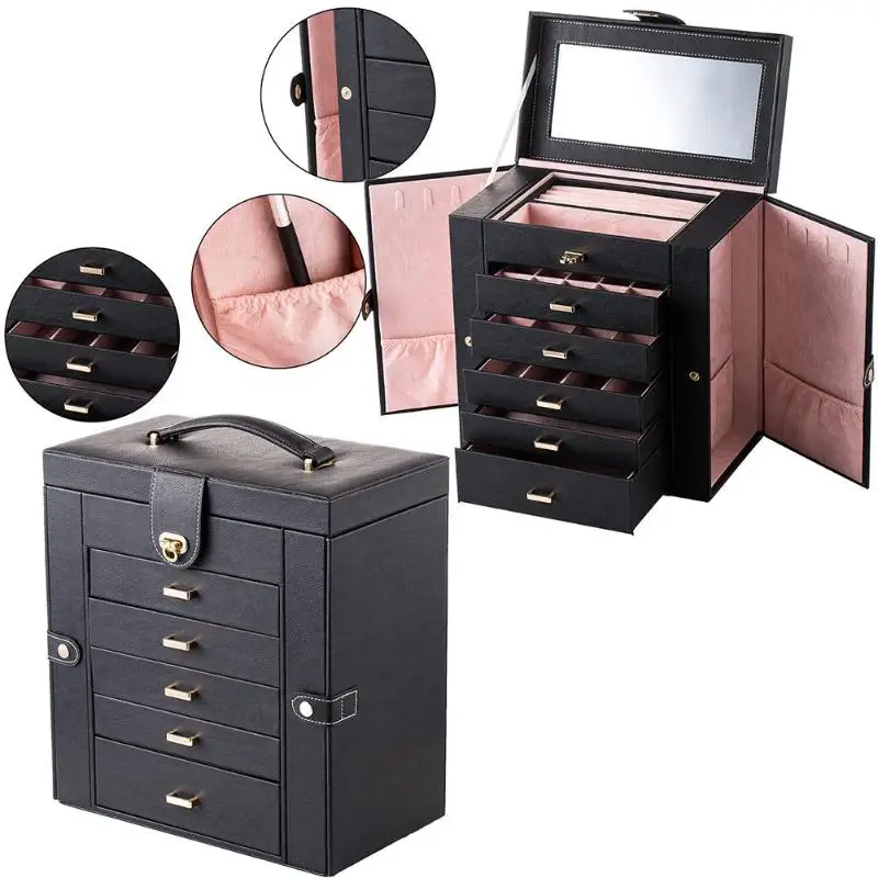 

1PC Jewelry Makeup Box Organizer Functional Lockable Case for Ring Necklace Earring Bracelet Holder Organizer with Mirror Black