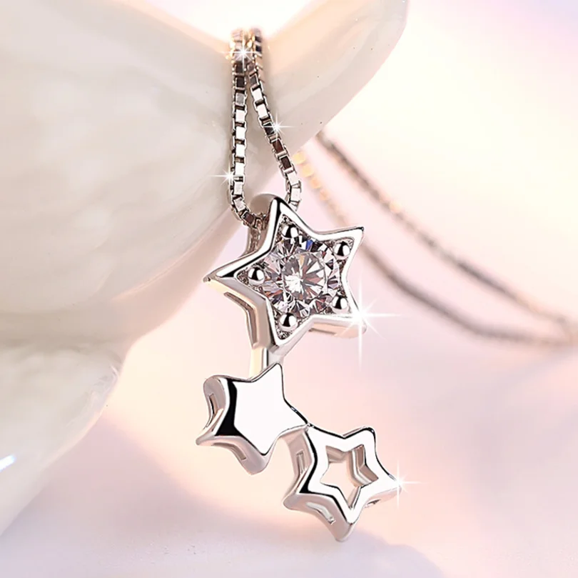 Anenjery 925 пробы серебряные ювелирные изделия звезда CZ цирконий кулон ожерелье для женщин подарок 45 см коробка цепь колье ожерелье-колье S-N109