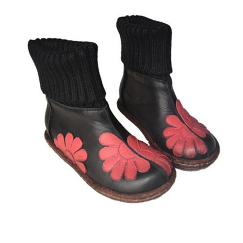 

Handmade leather wool elegant flower mid calf boots warm Autumn Winter fashion woman snow boots party low heel shoes