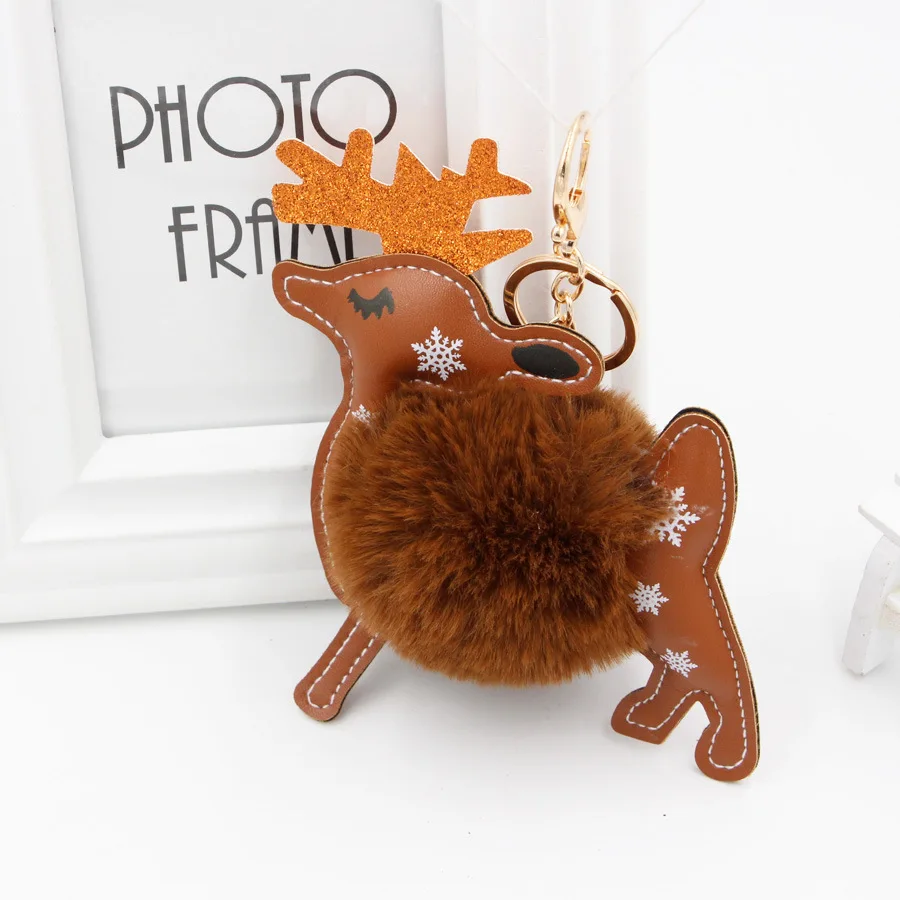 Faux Fluffy Puff Ball Deer Shape Pompom Keychain Women HandBag Bunny Ear Key Chain Christmas Elk