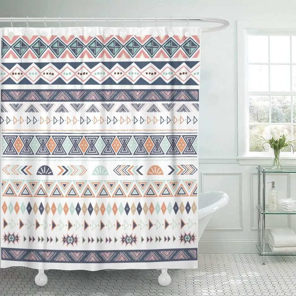 

Fabric Shower Curtain with Hooks Abstract Tribal Border Ribbon Collections African Aztec Bohemian Boho Canvas Making