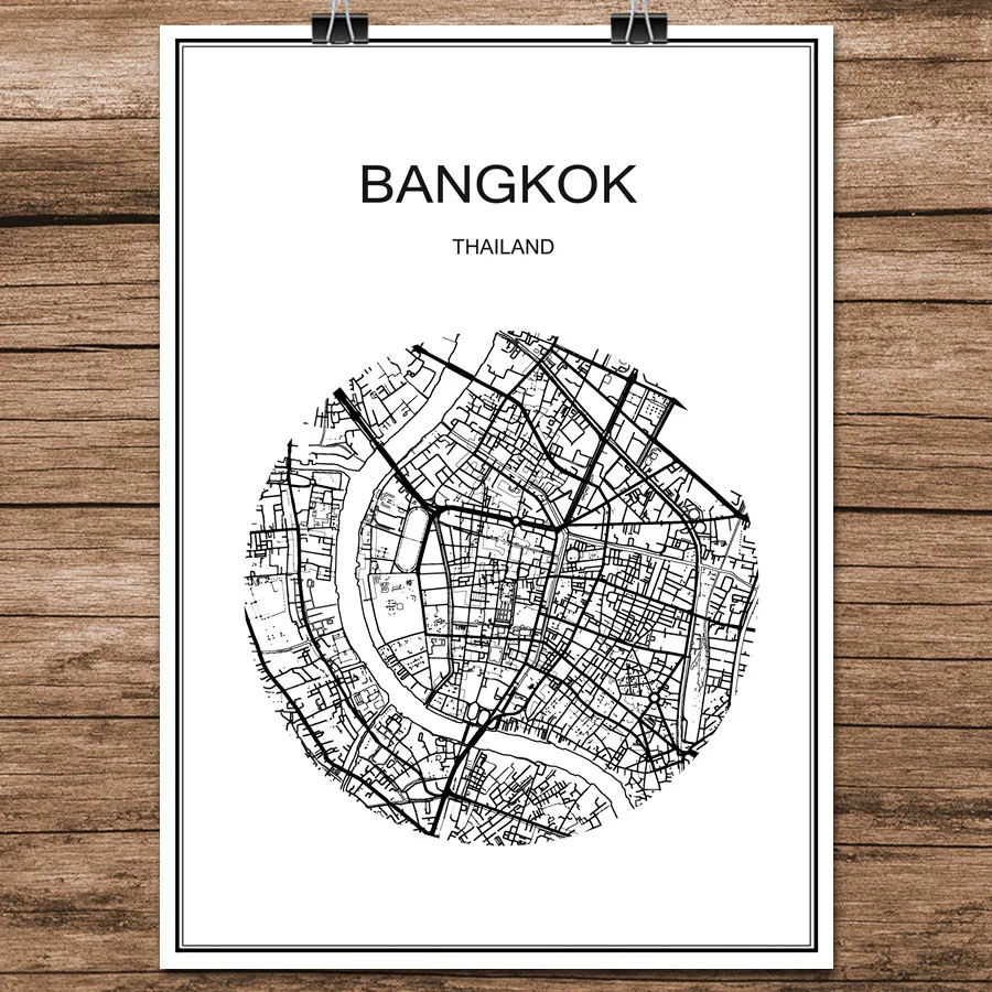 

World City Street Map Bangkok Thailand Print Poster Abstract Coated Paper Bar Cafe Living Room Home Decor Wall Sticker 42x30cm