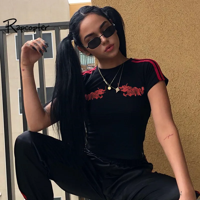 

Rapcopter Black Cropped Print t shirt Women Stripped Streetwear Crop Top 2018 Summer Slim Waist t-shirt Tops