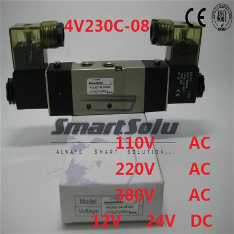 

Free shipping solenoid valve 4V230C-08 Double coil Port 1/4" BSP 12V DC 5/3 way control valve with Plug type red LED light