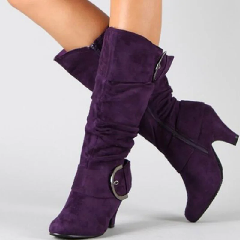 WETKISS/Сапоги до колена; женские эластичные сапоги из флока; женская обувь с круглым носком и пряжкой; высокие конусовидные каблуки; сезон осень-зима; Новинка года - Цвет: Фиолетовый