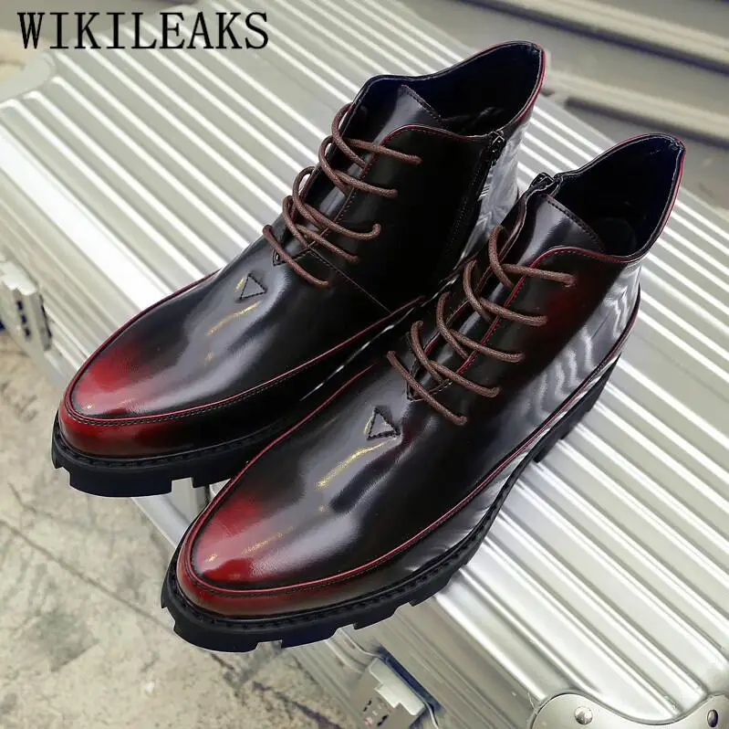 Итальянские Роскошные брендовые зимние ботинки; кожаные ботильоны; Мужские ботинки в байкерском стиле на высокой платформе; botas hombre invierno bottes - Цвет: Красный