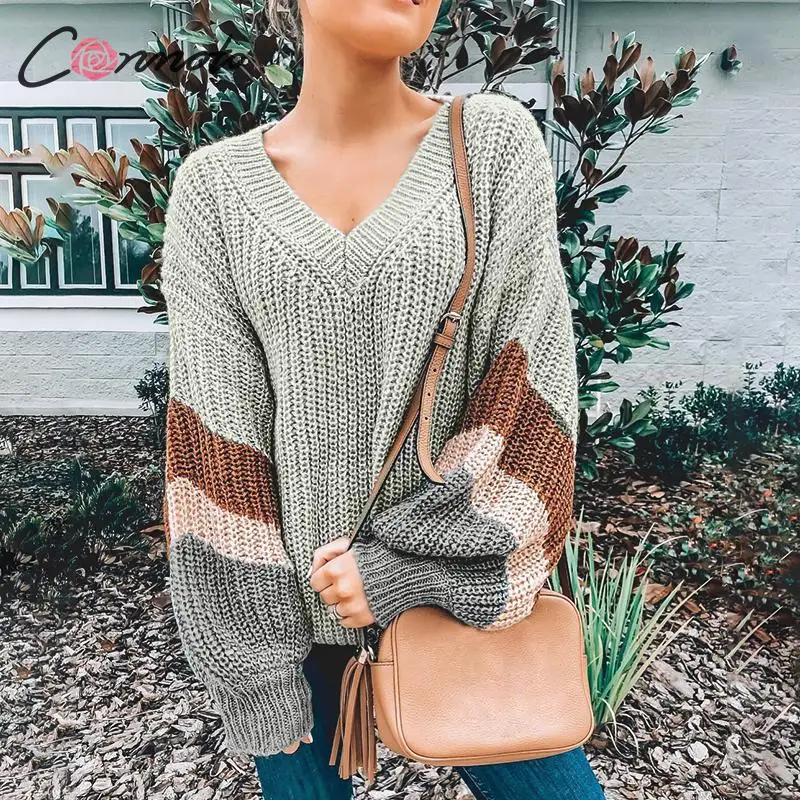 FREE SHIPPING Fashion Striped V Neck Pullover Women Autumn Winter Gray Long Sleeves Sweater Female High Street Loose Mujer Jumper JKP2578