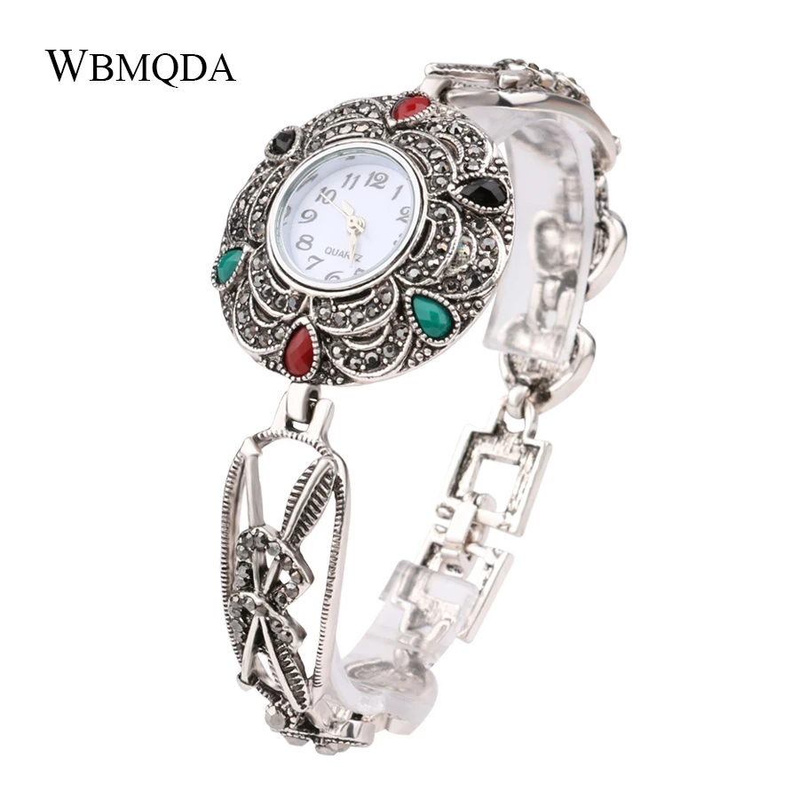 Boho часы винтажные хрустальные серебряные цвета Сердце цветок перо металлические