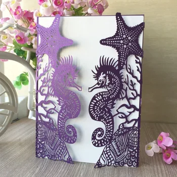 

30pcs/lot Hollow Laser Cut Colour Sea Horse Wedding Invitation Card Theme Valentine's Day Anniversary Gift Cards Supplices