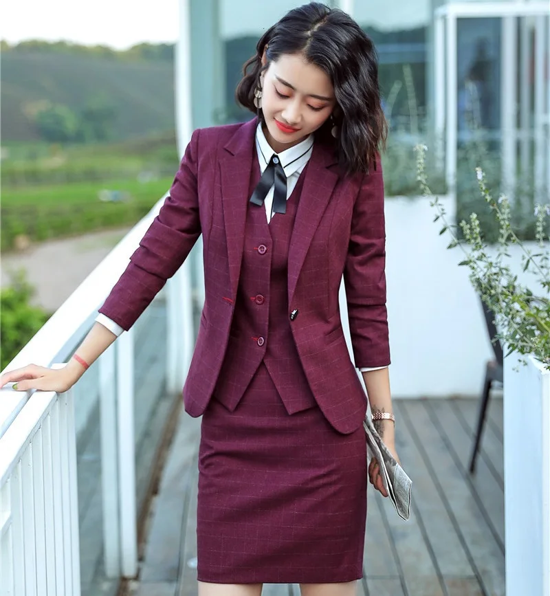 2019 New Styles Fashion Elegant Wine Formal Jackets And Skirt And Vest Coat & Waistcoat Women Ladies Business Suits Blazer Sets