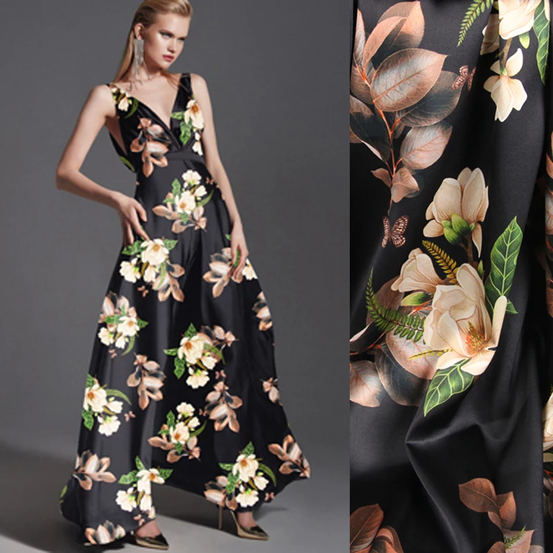 

118CM Wide 19MM Flower Print 93% Silk & 7% Spandex Stretch Black Silk Satin Fabric for Summer Dress Jacket D1055