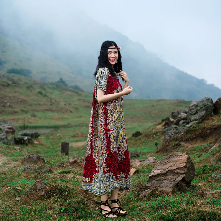 

Thailand exotic style stamp Flower vacation long Dress loose large Retro art travel dress Boho Calico Floral Crochet print India