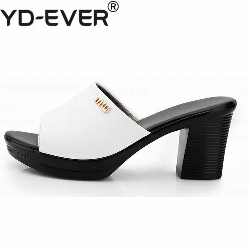 

YD-EVER Women Sexy High Heel Clogs Summer Peep Toe Platform Mules Ladies Genuine Leather Slippers Female Slip On Sandals Shoes
