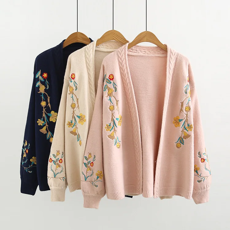Women Sweater 2018 Autumn Winter Japan Style Knit Cardigans Flowers Embroidered Open stitch 