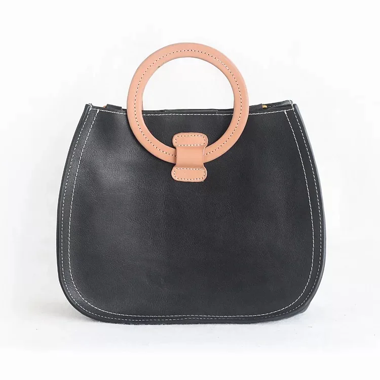 

Vintage Designer Genuine Cow Leather Female Cross Shoulder Bag Ladies Round Handle Handbag Women's Black Small Composite Bag