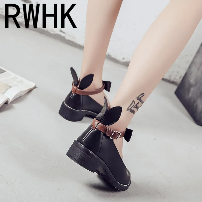 

RWHK 2019 autumn new rabbit ears British wind thick with Martin single shoes ladies word buckle butterfly small shoes B390