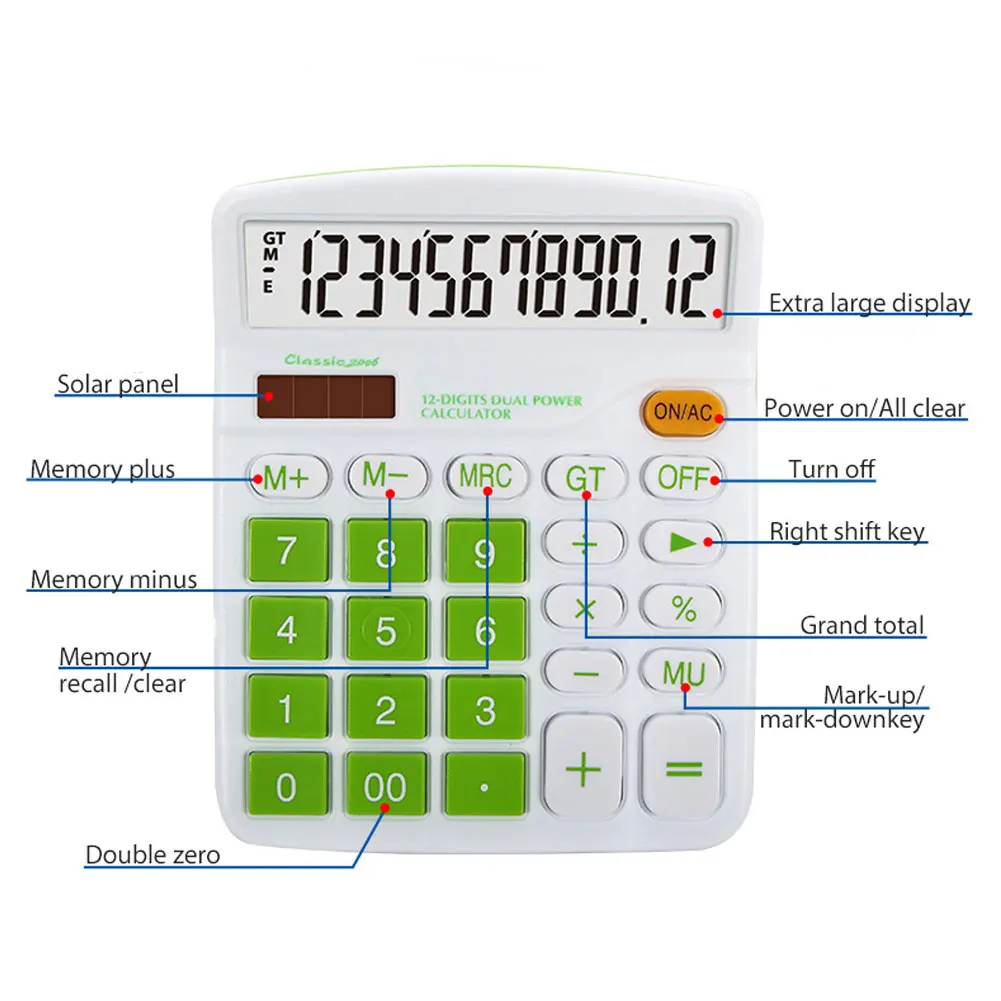 12 разрядный калькулятор большой Дисплей Солнечный Мощность Батарея Офис школы инструмент двойной Питание