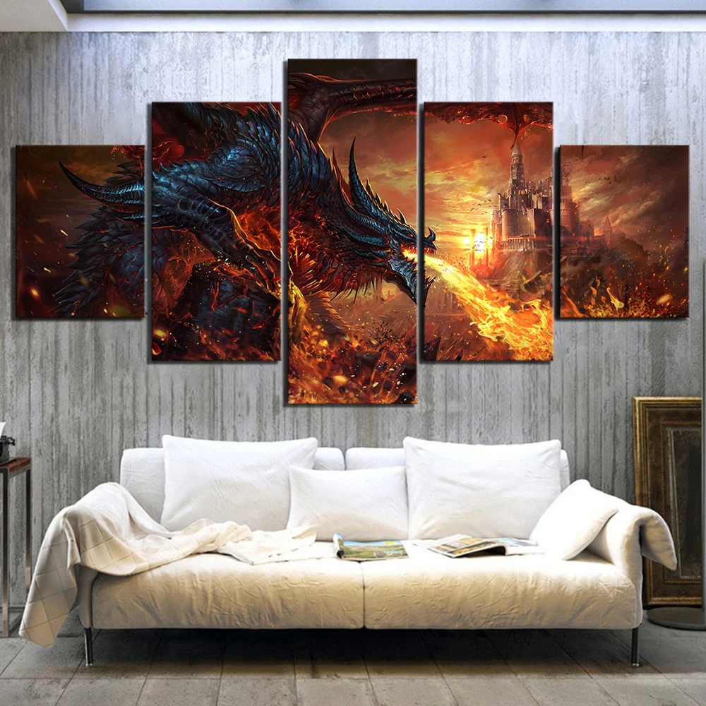 

Modular Pictures Canvas Wall Art 5 Panel Fire Dragon World Of Warcraft Game Paintings Printed Poster Living Room Home Decoration