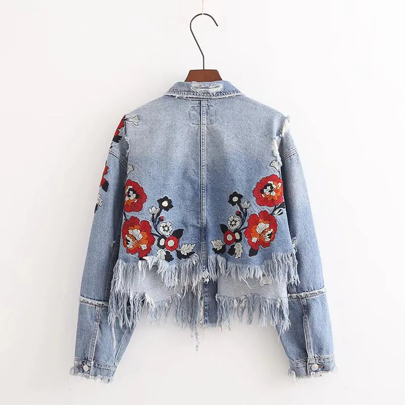 

Floral Embroidery Short Jeans Jacket Women Loose Ripped Holes Denim Coats 2019 Spring Autumn Harajuku Tassel Cowboy Outwear
