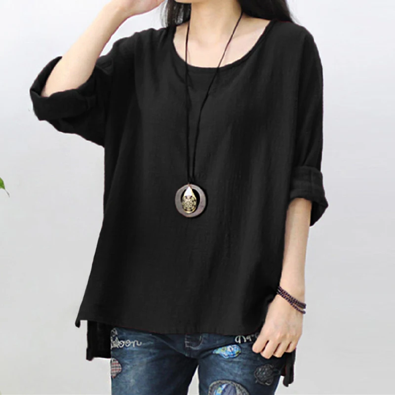 New Women Cotton Linen Long Sleeve Irregular Tops Casual Blouse Shirt Loose Solid Party Tops Kaftan Plus Size 5XL