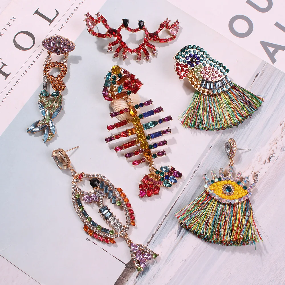 

KMVEXO Fish Bird Crab Earrings for Women 2019 Colorful Crystal Drop Boho Tassel Hanging Earrings Bridal Party Statement Jewelry