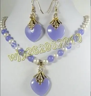 

Hot sell Noble- Wholesale JWEW6559 Beautiful purple Pearl Bead Necklace & Purple Jade Heart Pendant Earrings Set (A0516)