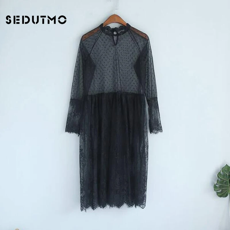 SEDUTMO Summer Lace Dress Women Long Sleeve Sexy Maxi Mesh Dresses Beach Basic Vintage Black Party Dress ED018