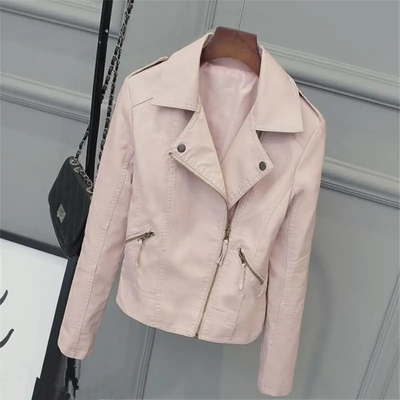 Woman Spring Plus Size Pu Slim Jackets Female Fall Oversize Leather Jacket Pu Motorcycle Jacket Leather Veste Pu Coat Lady Coats - Цвет: PINK OUTERWEAR