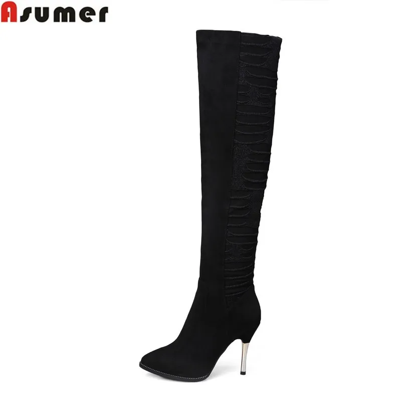 

2016 high quality genuine leather over the knee boots winter warm fashion women boots stiletto high heels pointed toe shoes