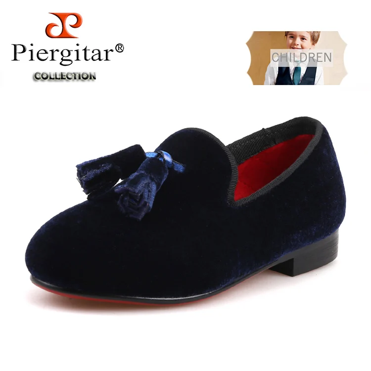 Piergitar/Коллекция года; детская бархатная обувь темно-синего цвета ручной работы; вечерние и праздничные Детские лоферы с кисточками; дизайнерская обувь для родителей и детей - Цвет: Navy